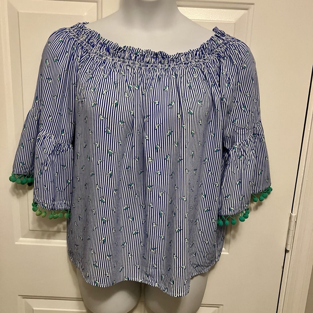 Grand & Greene Boho Blue White Striped Blouse Green Pompoms Size XL Women's